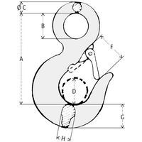 A = Totale hoogteB = Oog ØC = ØD = Haak ØF = OpeningG = Haak hoogteH = Dikte