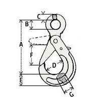 A = Totale hoogteB = Oog ØC = ØD = Haak ØE = Haak hoogteF = OpeningG = Dikte