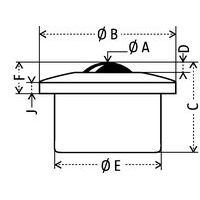 Kogel met bewerkte behuizing:- Ø A: kogel Ø- Ø B: Ø totaal- C: totale hoogte- D: overschrijding van de kogel- Ø E: nuttige Ø- F: volledige overschrijding- J: dikte plaatje