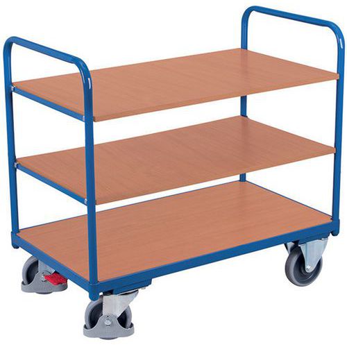 Ergonomische wagen met 3 houten plateaus - Verticale duwbeugel - Draagvermogen 250 kg