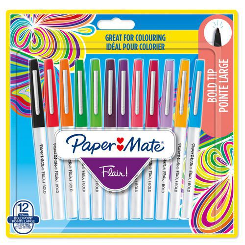 Doos met 12 Flair®-viltstiften - Diverse kleuren, brede punt - Paper Mate