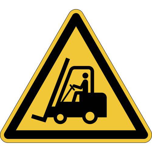 Zelfklevend pictogram voor vloermarkering met symbool Let op: Heftrucks