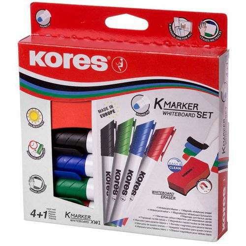 Markeerstift en wisser voor whiteboard - set van 4 - Kores