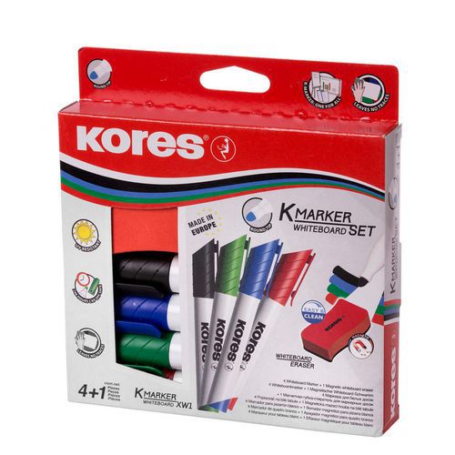 Markeerstift en wisser voor whiteboard - set van 4 - Kores