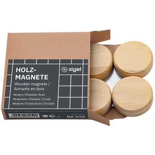 Magneten van rond hout - 33 mm - 4 stuks - naturel - Sigel