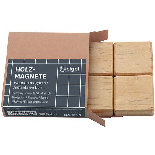 Vierkante magneten van hout - 33 mm - 4 stuks - naturel - Sigel