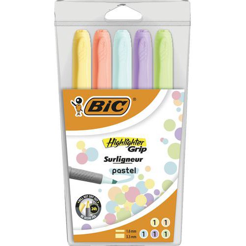 Markeerstift Highlighter Grip - Pastel - etui met 5 stuks assorti - Bic